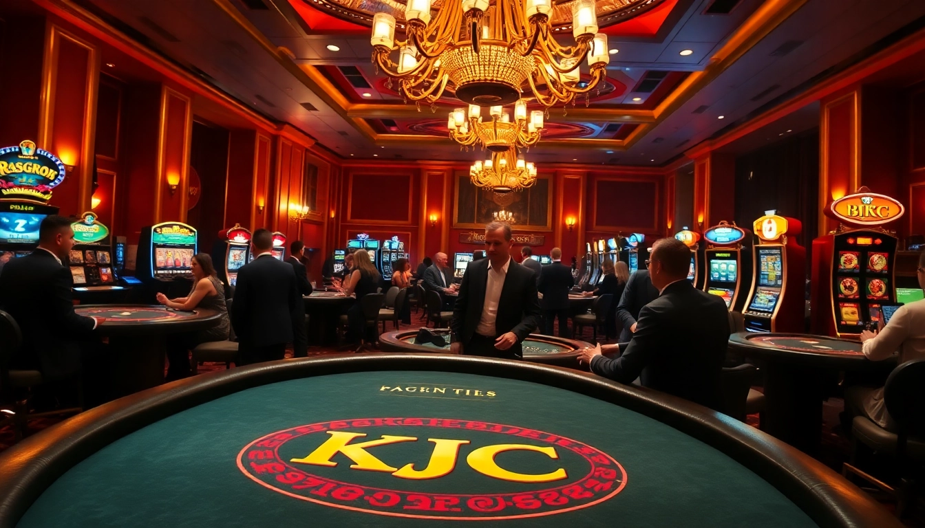 KJC-themed casino excitement with poker tables, vibrant gaming, and luxury ambiance.