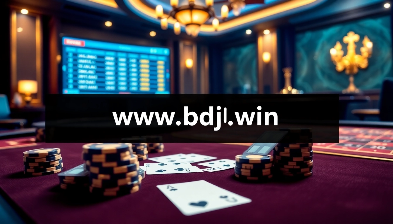 Experience the thrill of gambling at https://www.bdjl.win/ with an elegant casino scene featuring poker and roulette.