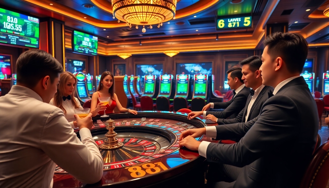 Excited players engaging at the 88i nhà cái roulette table, showcasing gambling thrill and luxury.