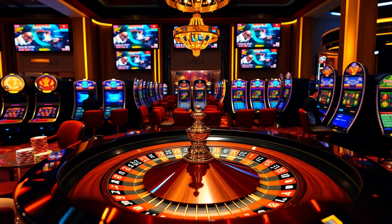 Engaging players at the MK 8 casino, surrounded by vibrant slot machines and a classic roulette wheel.