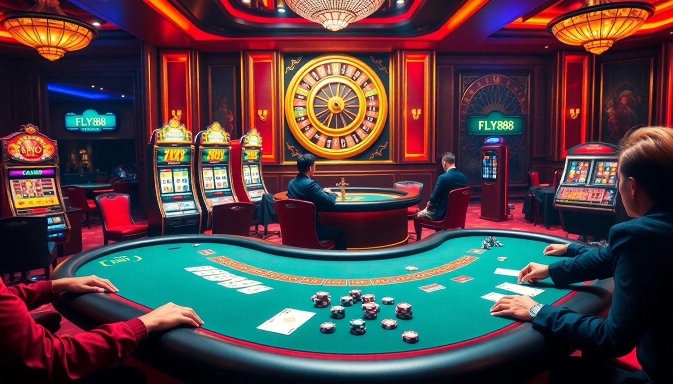 Thrilling poker game action at trang chủ FLY88 with vibrant casino tables and colorful slot machines.