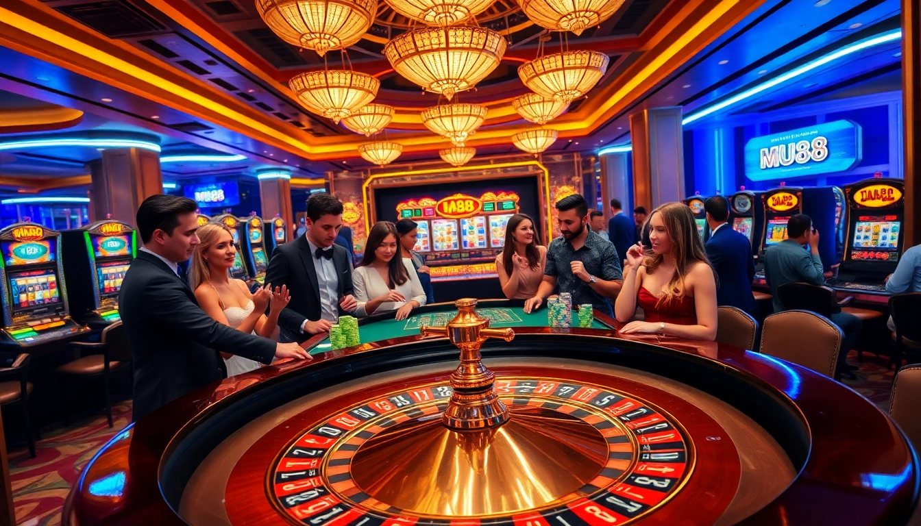 Mu88 Casino scene with enthusiastic players around a roulette table, capturing the excitement of gambling.