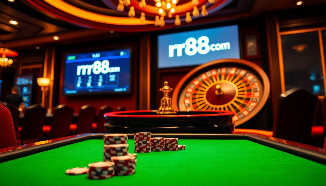 Experience the thrill of rr88 com with an elegant poker table and a vibrant casino atmosphere.