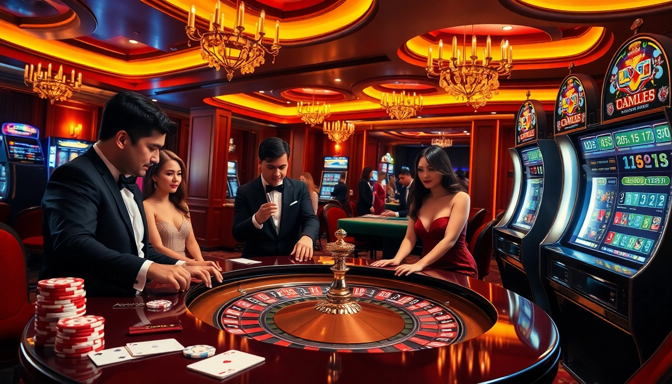Engaging players at a high-end luckywin casino with roulette and slot machines.