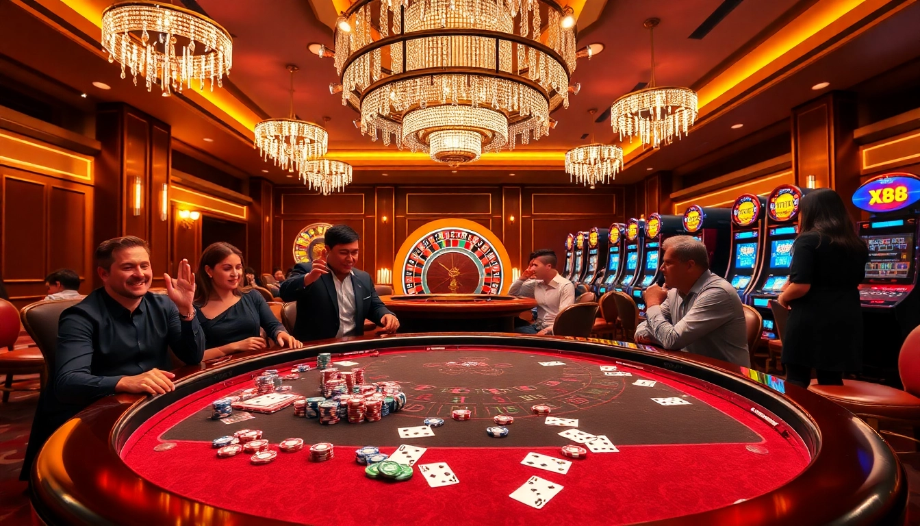 High-stakes poker scene in an upscale casino featuring X88-themed gaming elements and vibrant ambiance.