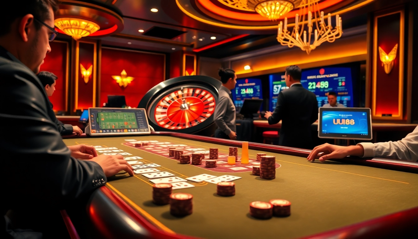 Engaging players at UU88 casino table with vibrant cards and chips for an exhilarating gambling experience.