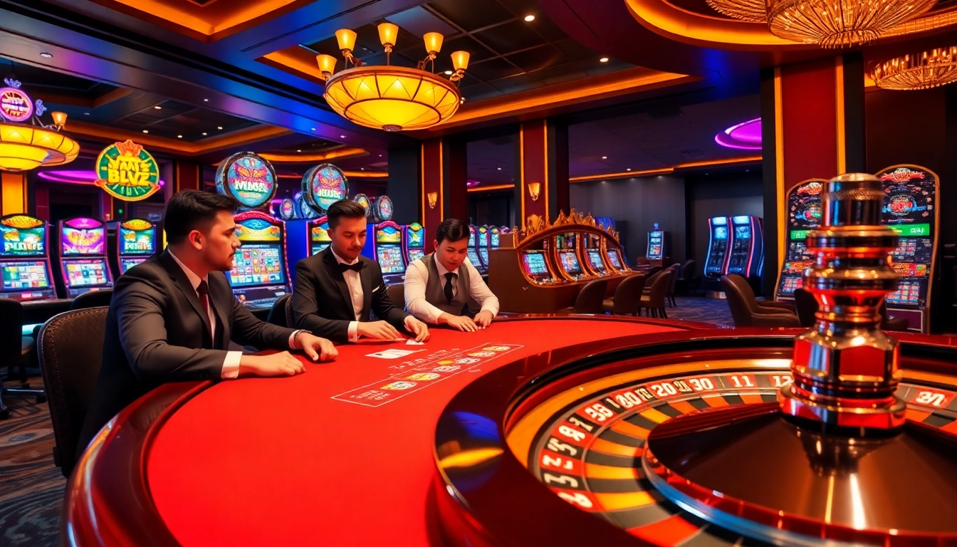 Engaging in high-stakes poker at MM88's vibrant casino table surrounded by slot machines.