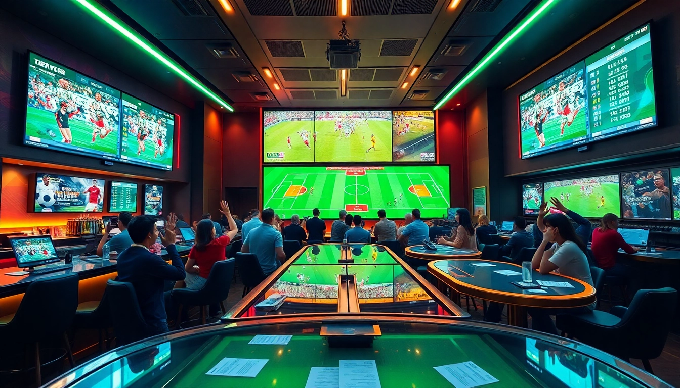 Watch the dynamic betting environment with tỷ lệ bóng đá nhà cái displayed on screens while fans cheer for their teams.