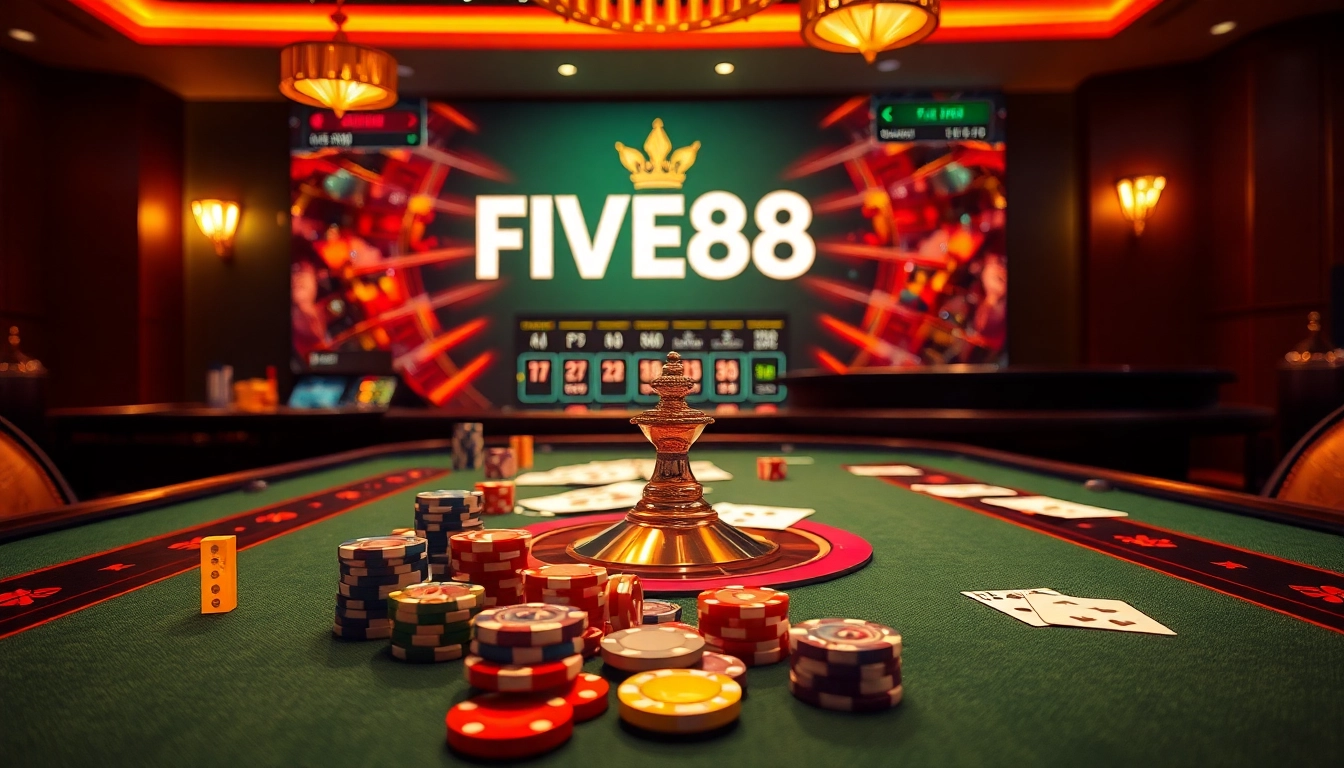 Engaging gaming scene with nhà cái FIVE88 branding, showcasing poker chips and roulette excitement.