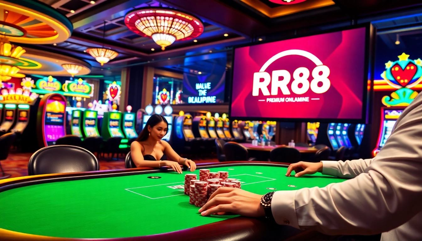 Experience the thrill of RR88 at a luxurious casino table, filled with chips and cards.
