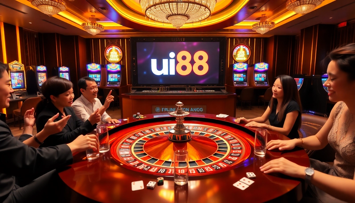 Engaging scene of gamblers at a uu88 casino table with vibrant poker chips and roulette wheel.