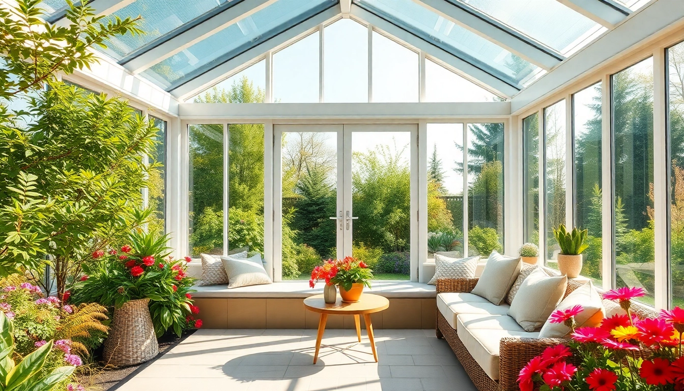 Explore a beautiful sunroom for sale with glass panels amidst a vibrant garden.