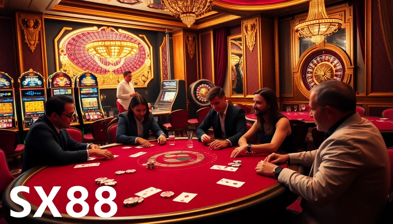 Watch high-stakes players engage in exciting poker at a luxurious casino showcasing SX88.