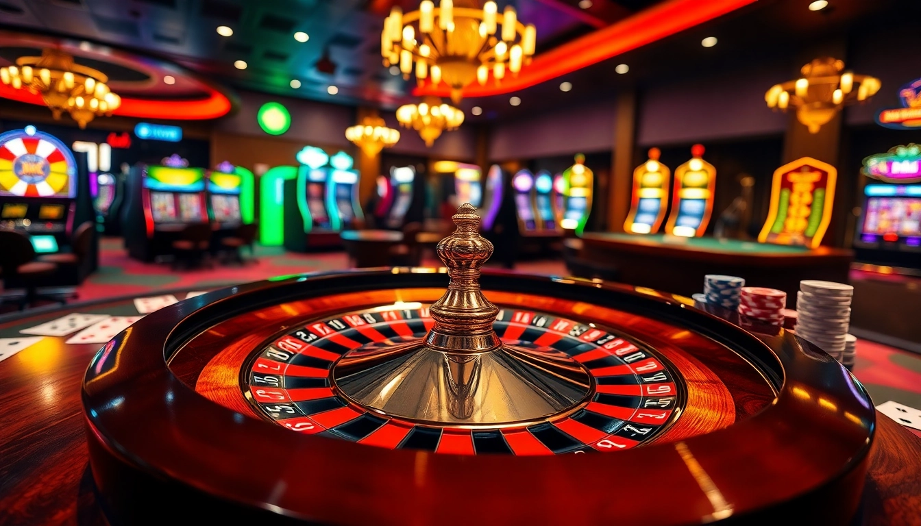 Experience the thrill of iwin at an elegant casino with roulette and vibrant gaming elements.