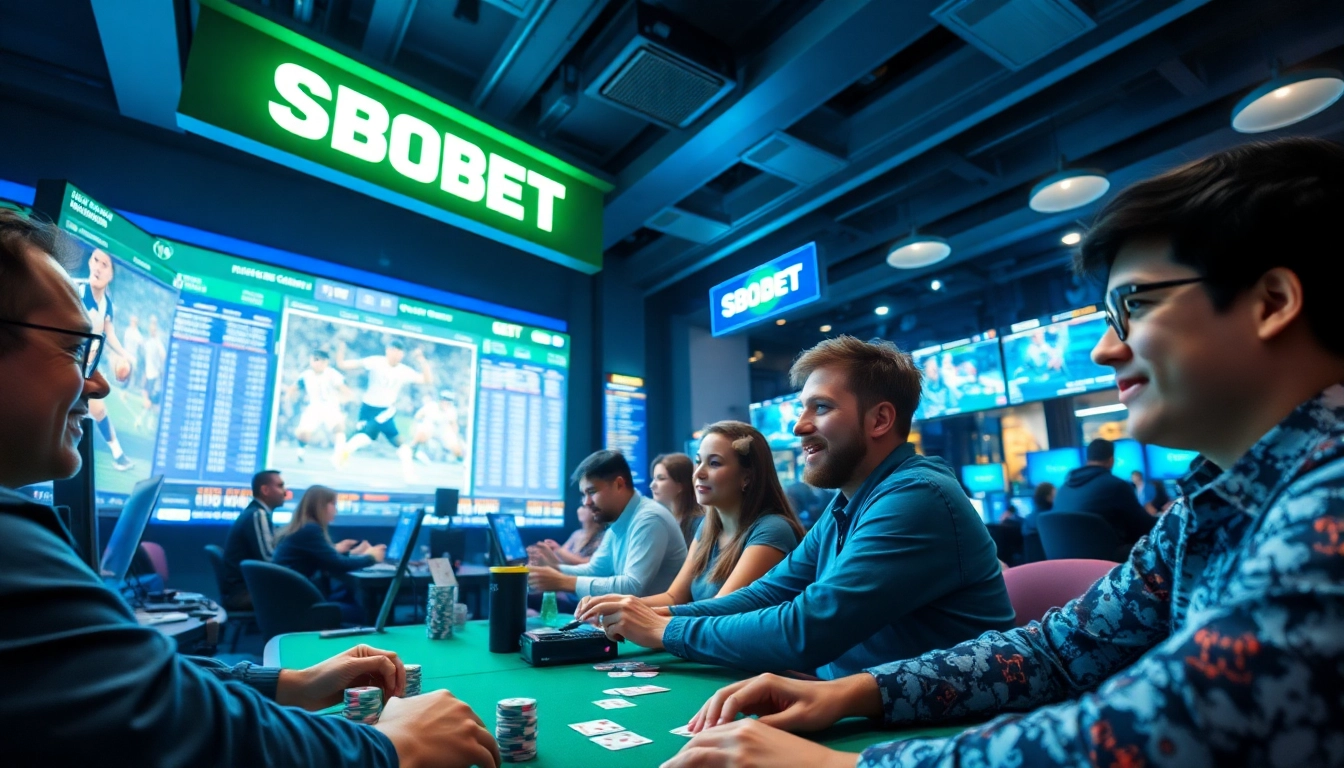 SBOBET.dance: Dynamic online gaming hub with diverse players enjoying poker and sports betting.