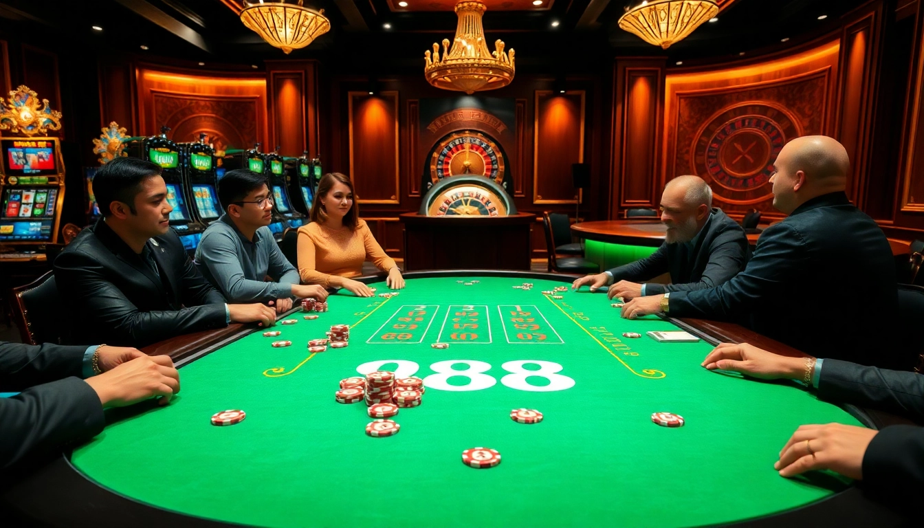 Experience the thrill of poker at a luxurious casino table featuring g88 style chips and vibrant decor.