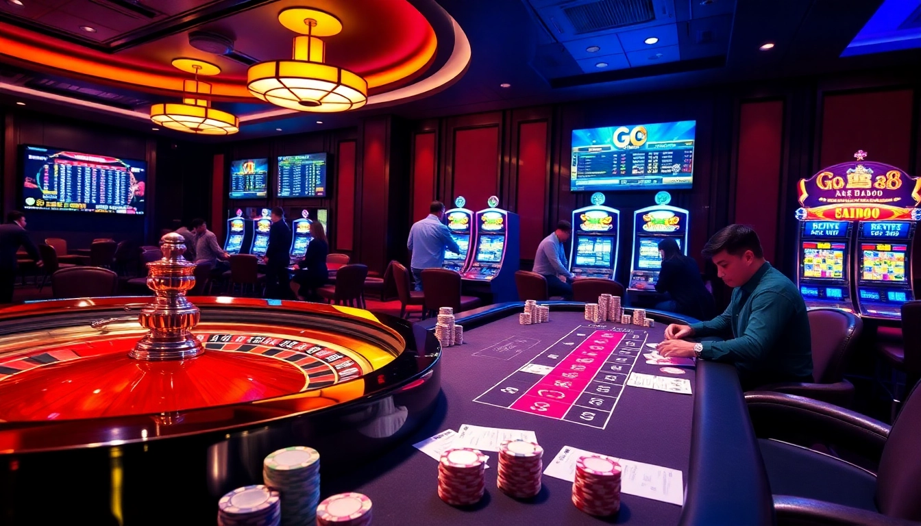 Engaged gamblers playing roulette and poker at an upscale casino with GO 88 branding visible.