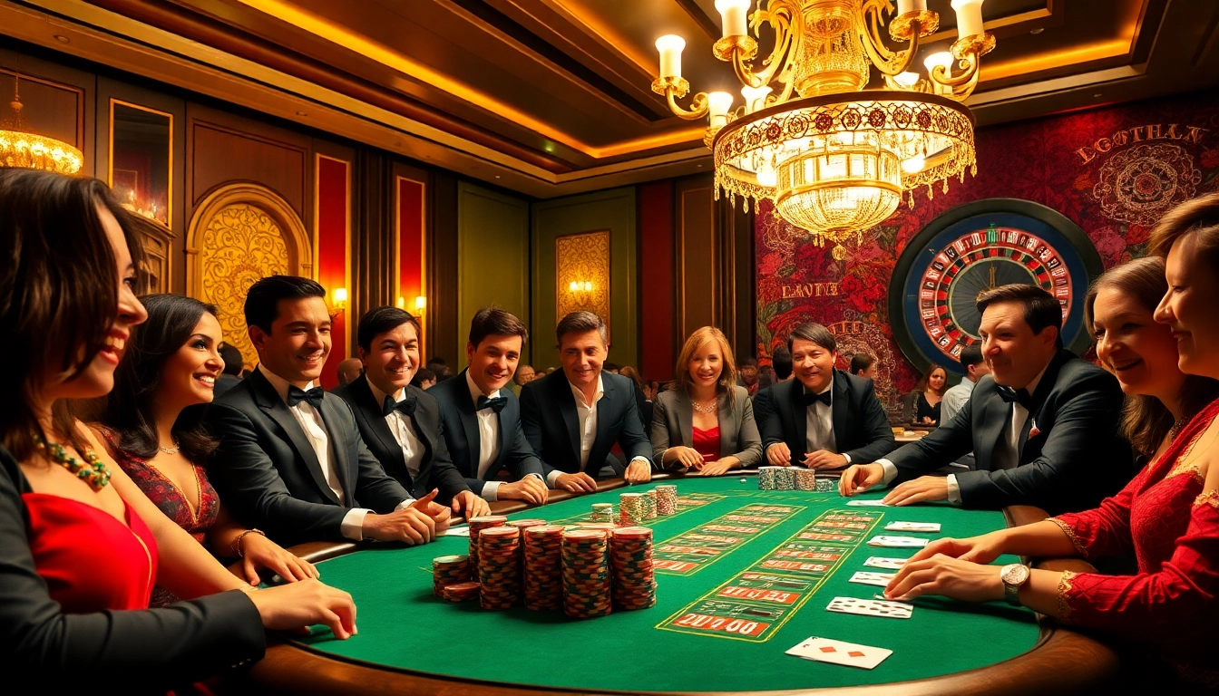 High-stakes poker game at gamebaidoithuong.trading with colorful chips and elegant players