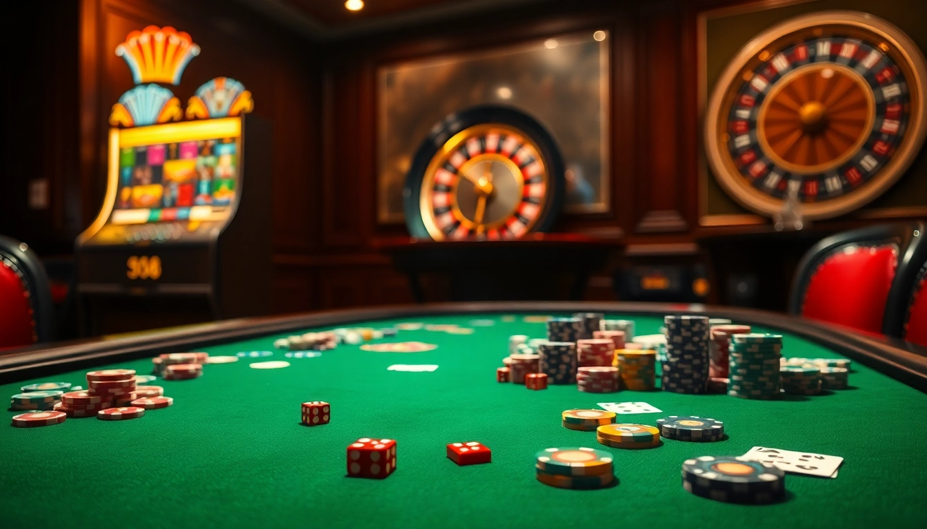 Win big at the J8 casino table with vibrant chips, cards, and a roulette wheel.