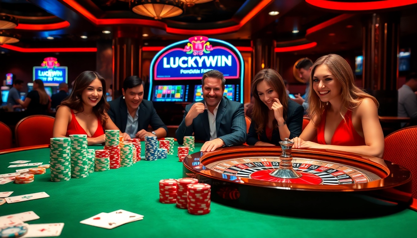 Players enjoying a thrilling moment at a LUCKYWIN casino gaming table, surrounded by vibrant slot machines.