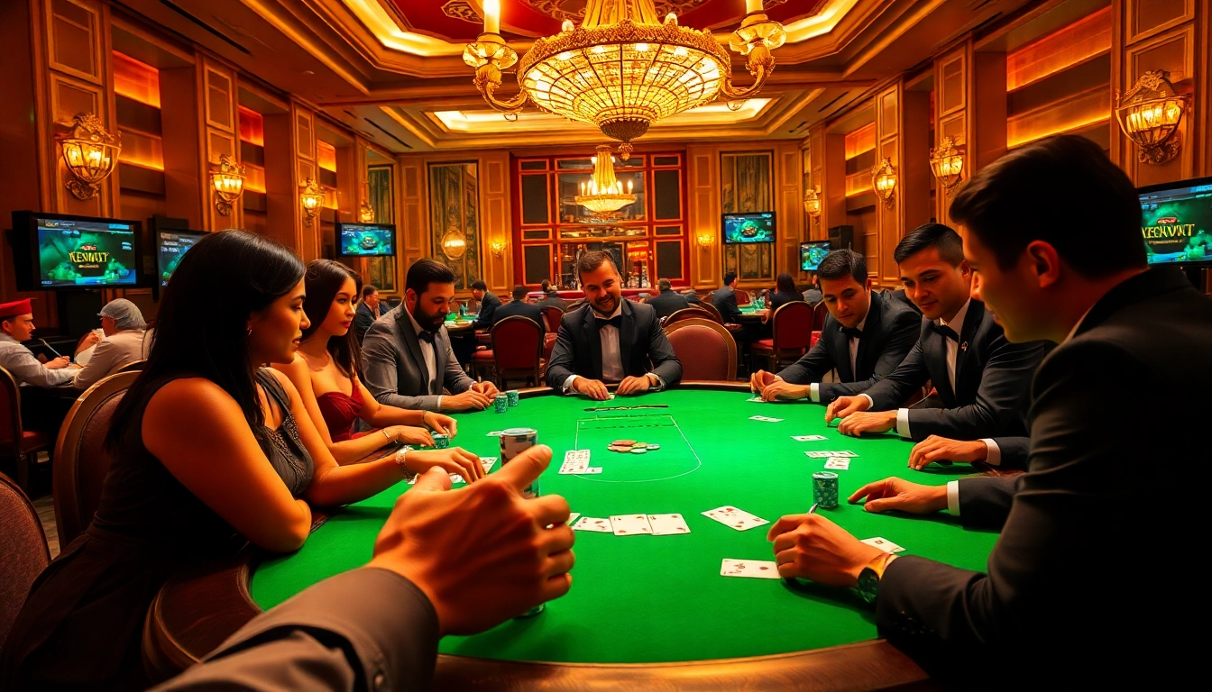 Experience the thrill of high-stakes poker at Nhà cái DF999 casino with vibrant tables and elegant players.