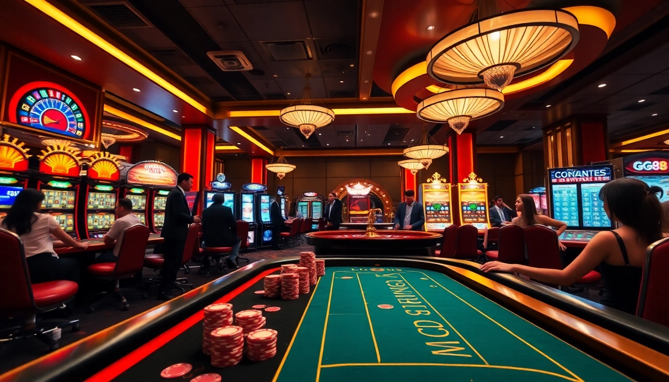 Exciting GG88 gaming table scene with vibrant roulette wheels and poker chips.