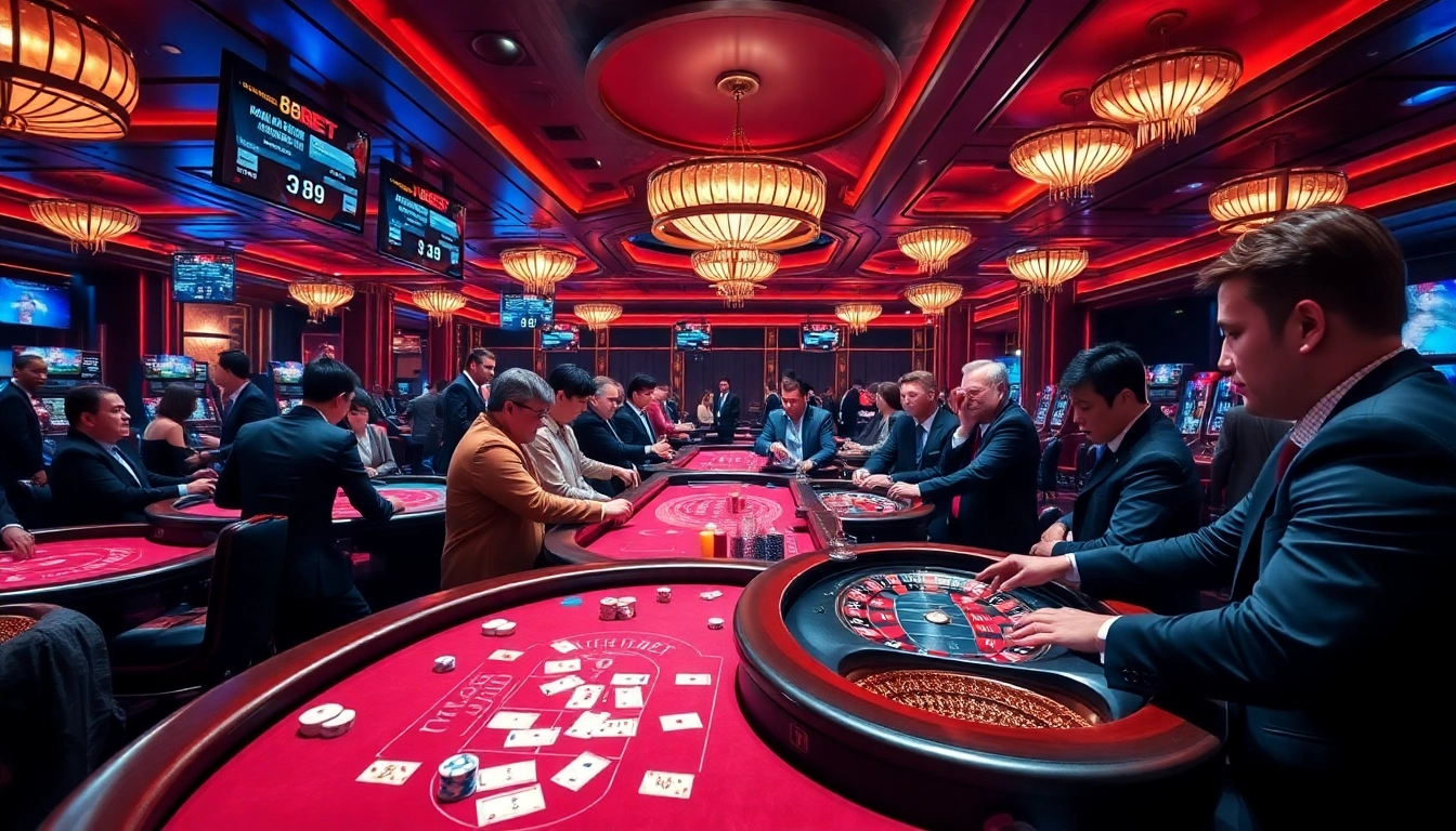 Players enjoying high-stakes poker at 8KBET's luxurious casino.