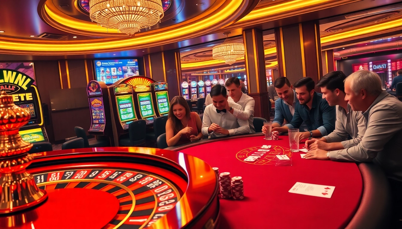 Experience the thrill of 'win lucky' as players engage at a luxurious casino table surrounded by vibrant slot machines.