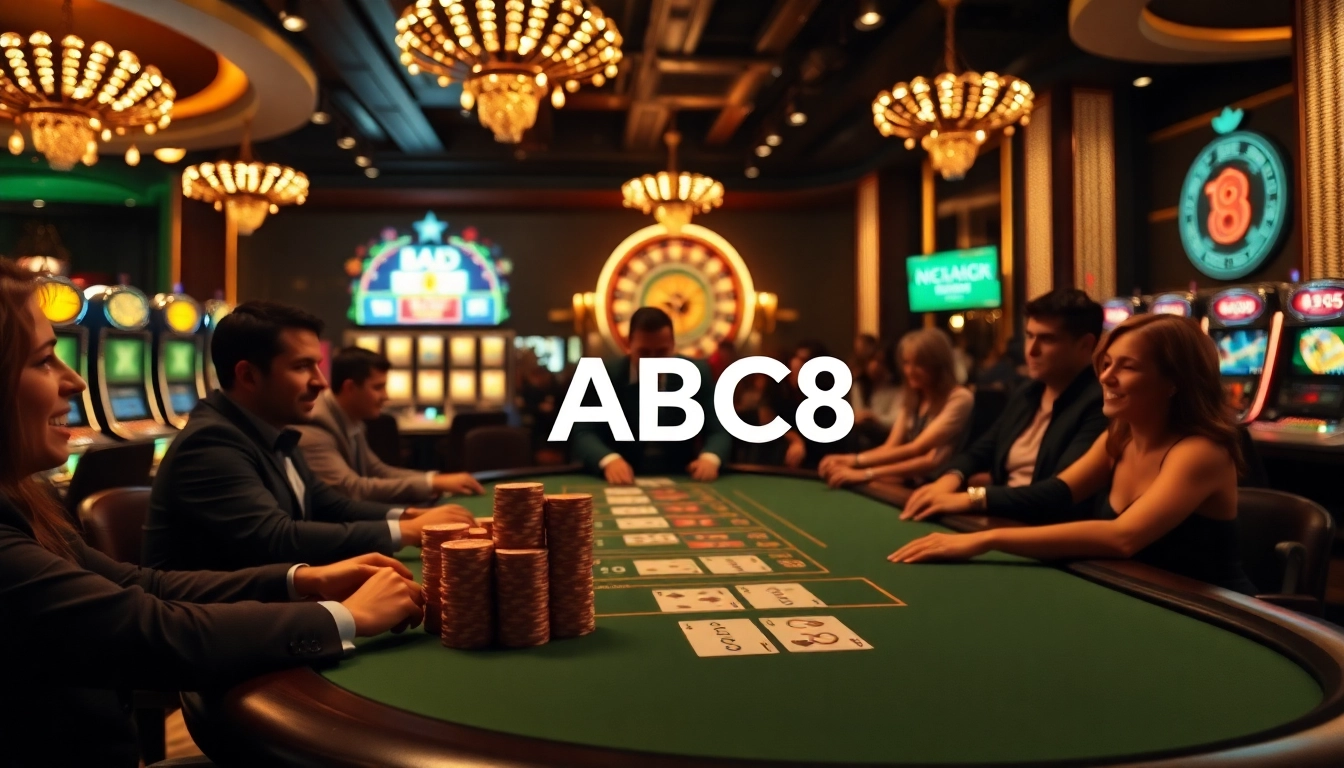 Players engaging in high-stakes poker at a luxurious casino featuring ABC8 betting elements.