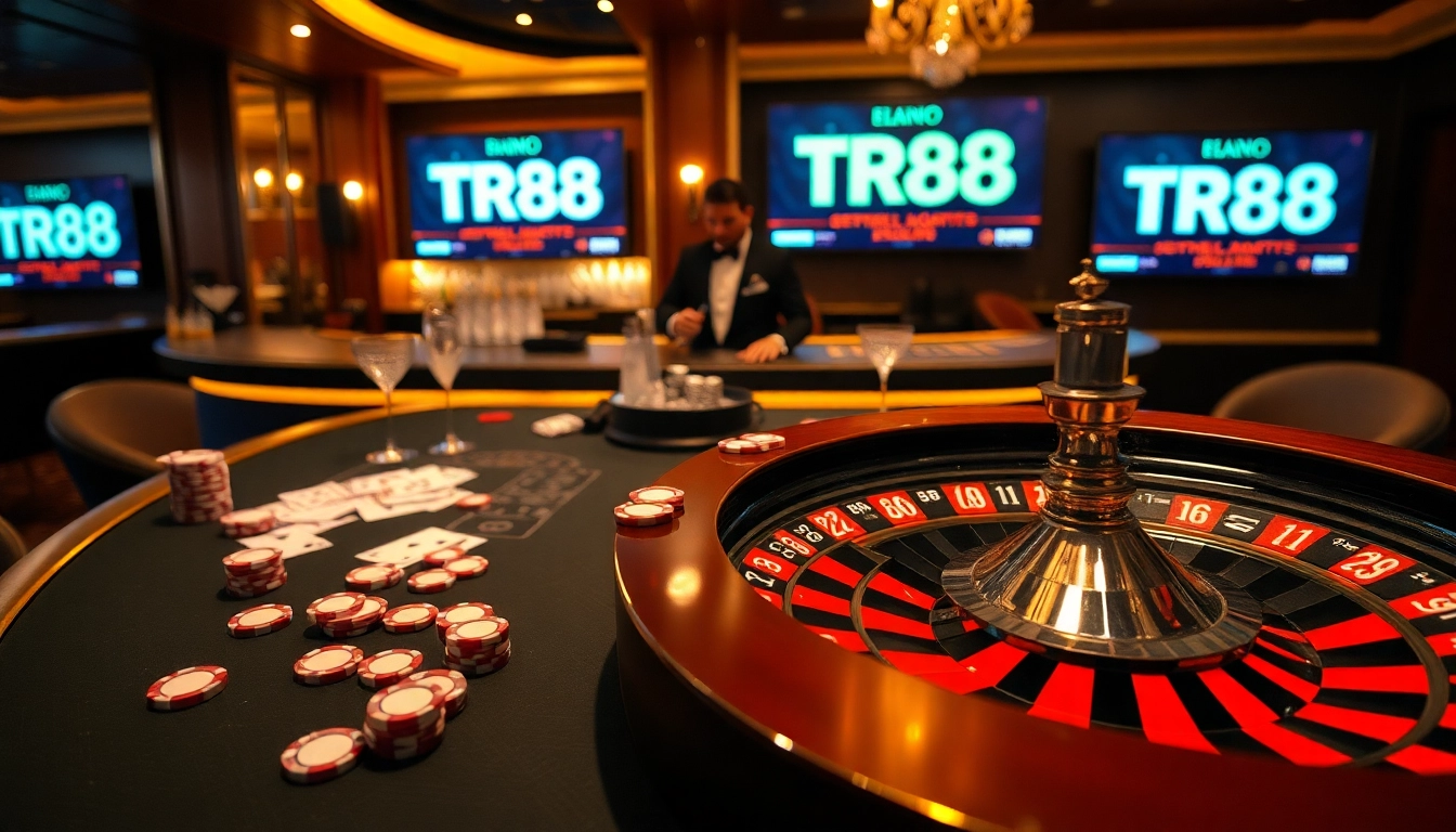 Engaging casino scene with poker chips, cards, and TR88 gaming opportunities at a luxury table.