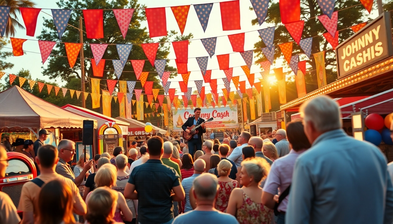 Celebration of Johnny Cash's birthday at johnnycashbirthday.com, featuring live music, joyful crowds, and festive decorations.