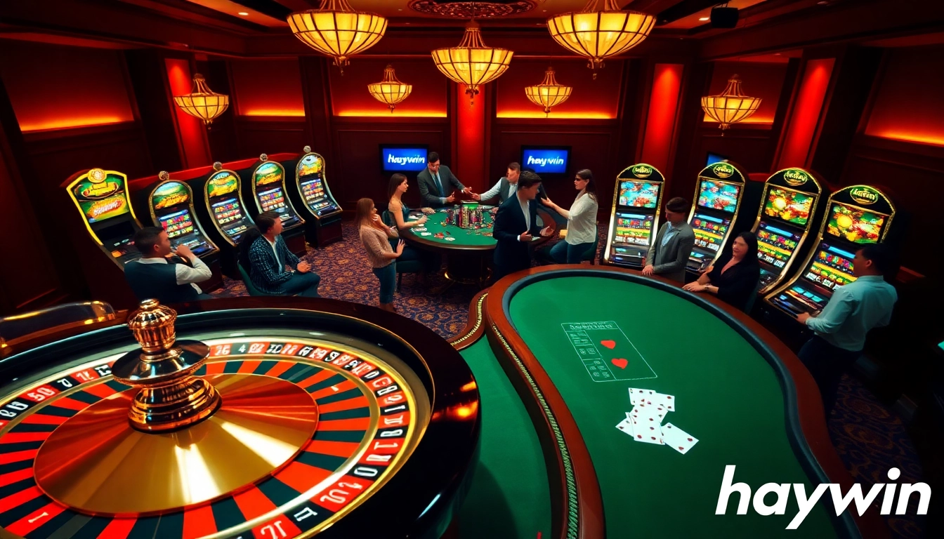 Exciting casino scene featuring gambling activities associated with hay.win, including roulette, poker, and slot machines.