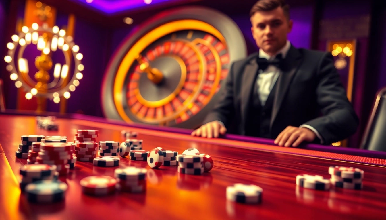 Engaging scene illustrating the excitement of link tài xỉu md5 with poker chips and a roulette wheel.