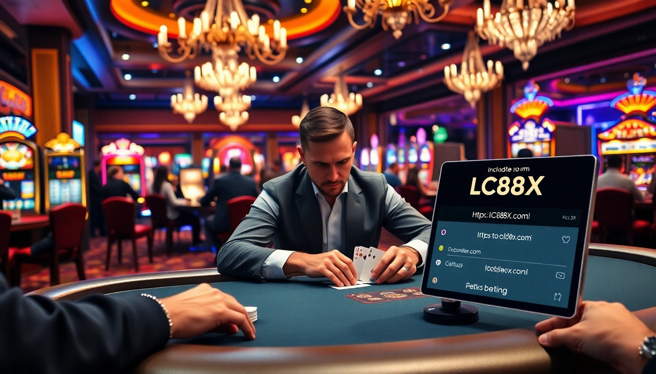 Exciting casino scene at https://lc88x.com/ with gamblers at a poker table and vibrant slot machines.