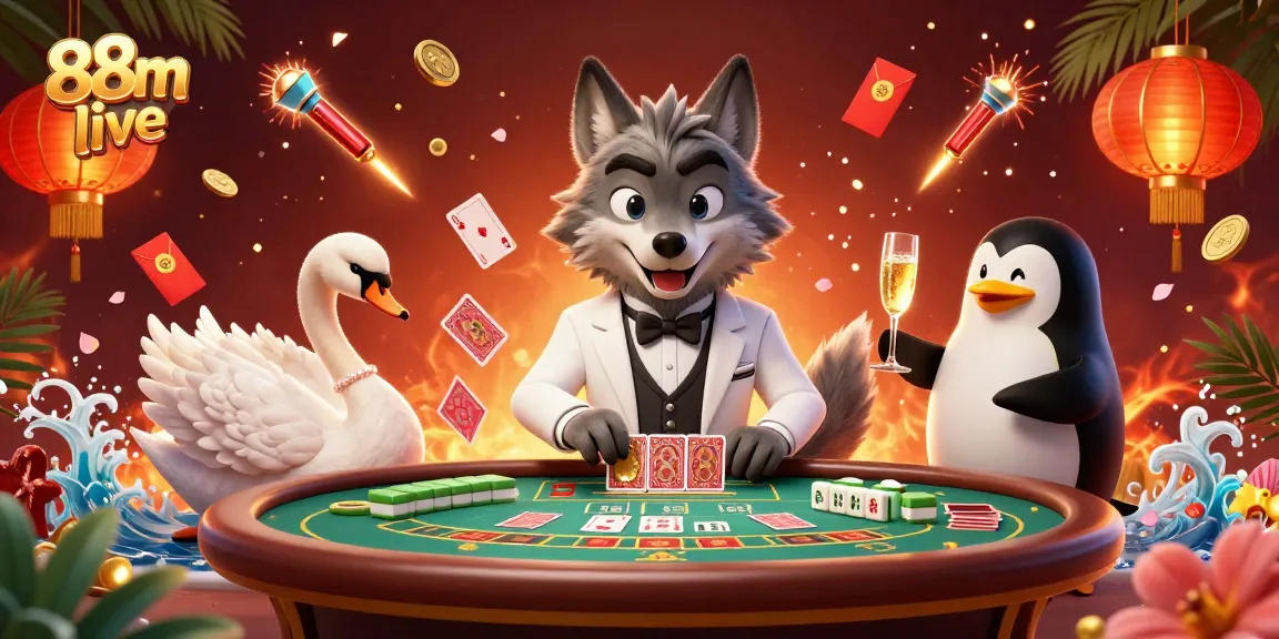 Experience the excitement of 88m live with a lively baccarat table scene featuring a debonair wolf and elegant characters.