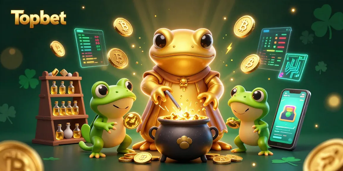 Topbet showcases a whimsical scene with a golden salamander and frog apprentice in a magical casino atmosphere.