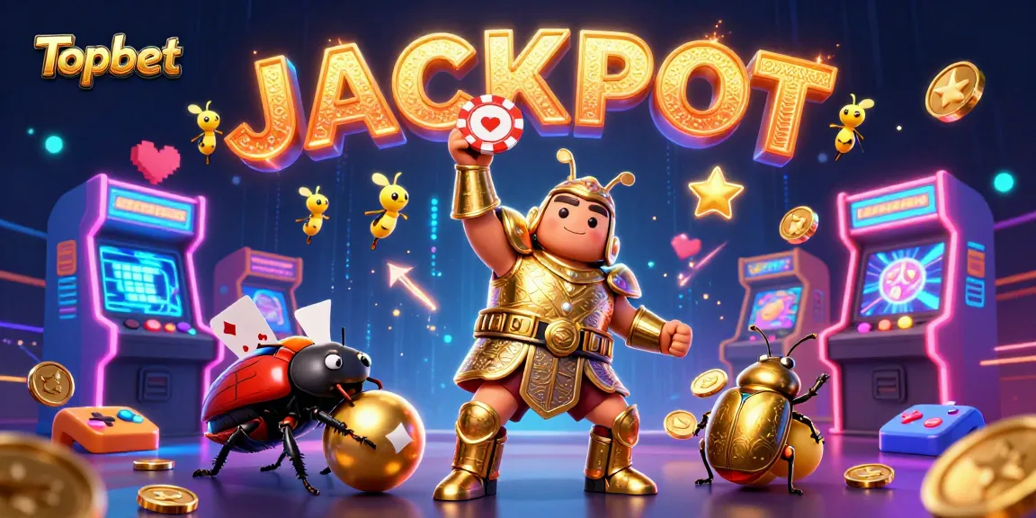 Experience Topbet's exciting adventure with a hercules beetle in golden armor celebrating a casino victory