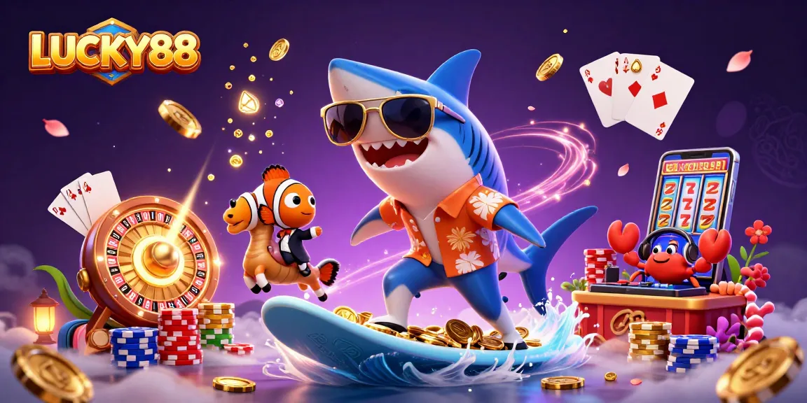 LUCKY88 promotes fun with a vibrant 3D scene featuring a shark, clownfish, and crab in a casino atmosphere.