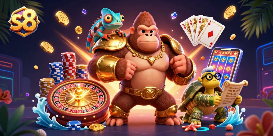 Spin the reels at s8, featuring a gorilla king, chameleon spy, and tortoise elder in a vibrant casino scene.