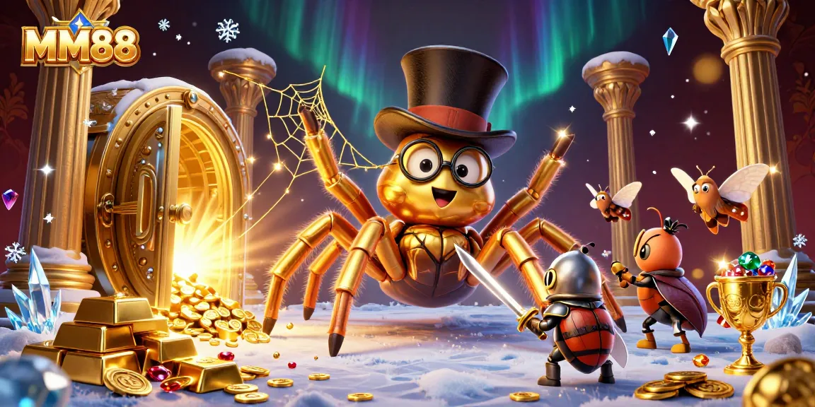 Engage with MM88 as a giant golden tarantula spins a web of fortune in a vibrant casino setting.